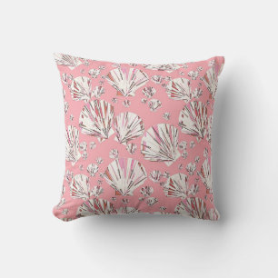 Coral, white and pink sea shells, pink background throw pillow