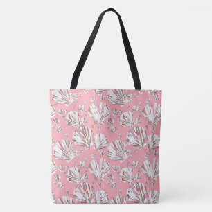Coral, white and pink sea shells, pink background tote bag