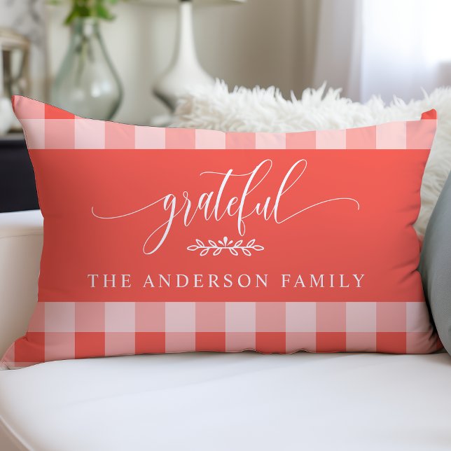 Coral & White Buffalo Check Grateful Personalized Lumbar Pillow (Creator Uploaded)