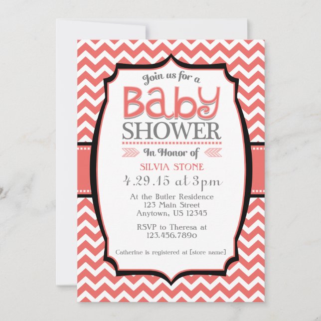 Coral White Chevron Baby Shower Invitation (Front)