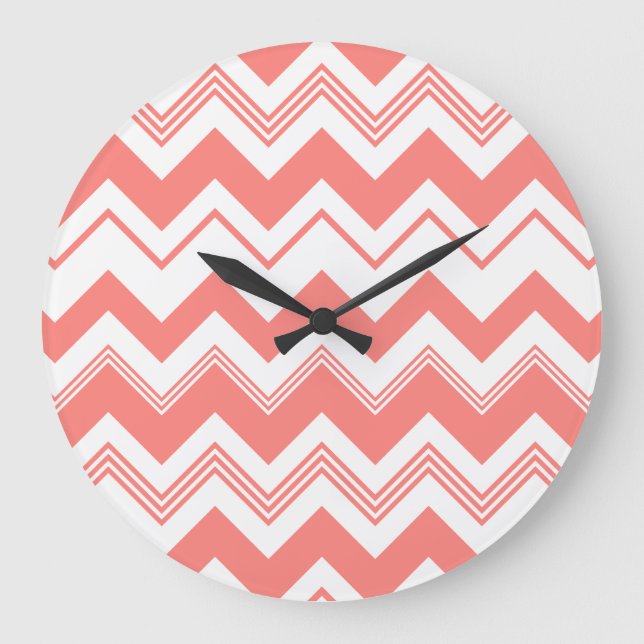 Coral White Chevron Pattern Large Clock (Front)