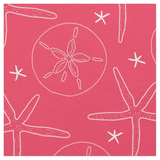 Coral & White Coastal Starfish, Sand Dollar Fabric