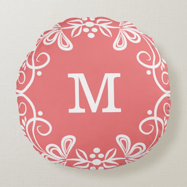 Coral White Custom Monogram Decorative Round Pillow (Front)