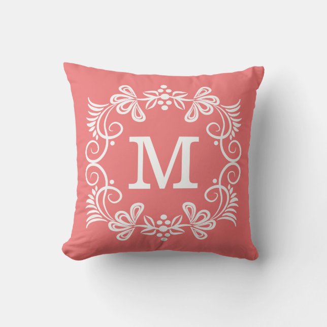Coral White Custom Monogram Decorative Throw Pillow (Front)