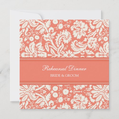 Coral White Damask Rehearsal Dinner Party Invites