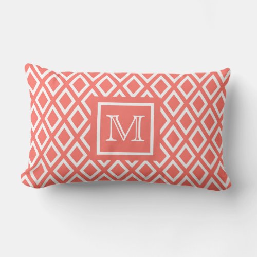 Coral white diamond pattern monogram lumbar pillow