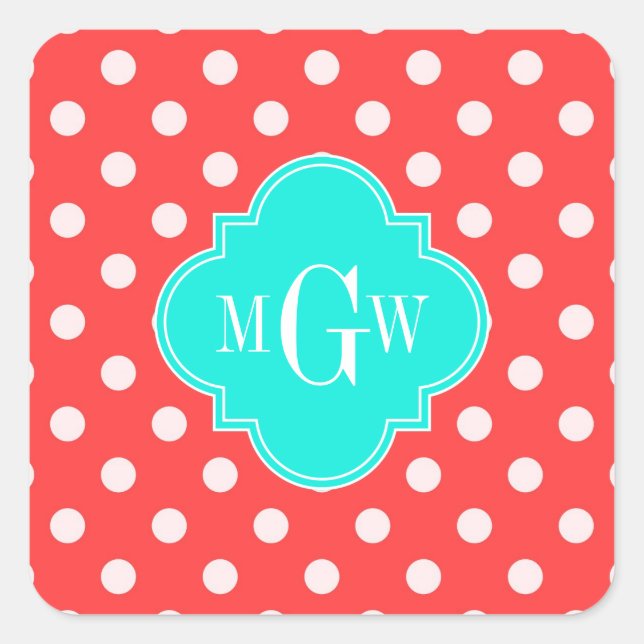 Coral White Dots Brt Aqua Quatrefoil 3 Monogram Square Sticker (Front)