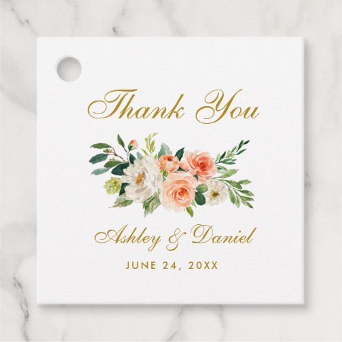 Coral White Floral Gold Wedding Thank You Favor Tags