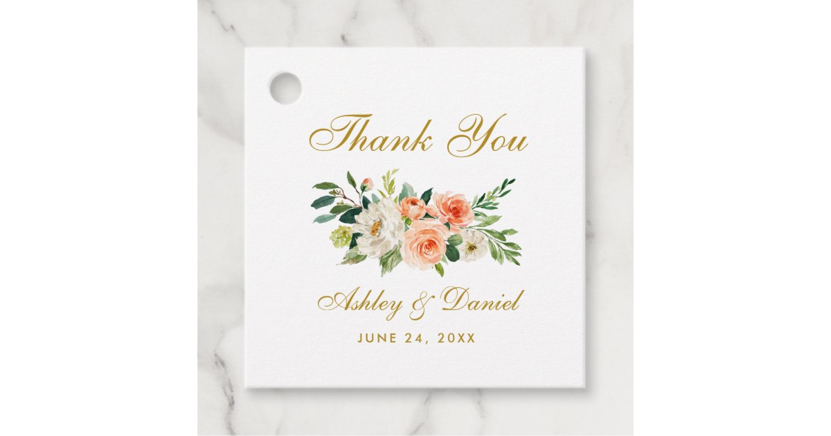 Coral White Floral Gold Wedding Thank You Favor Tags | Zazzle