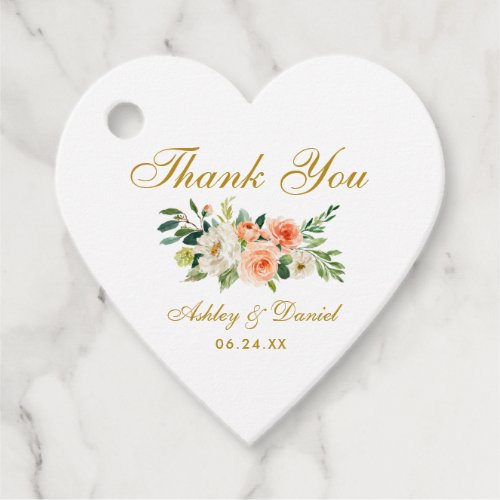 Coral White Floral Gold Wedding Thank You Heart Favor Tags