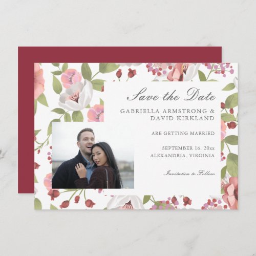 Coral White Floral Photo Save the Date Invitation