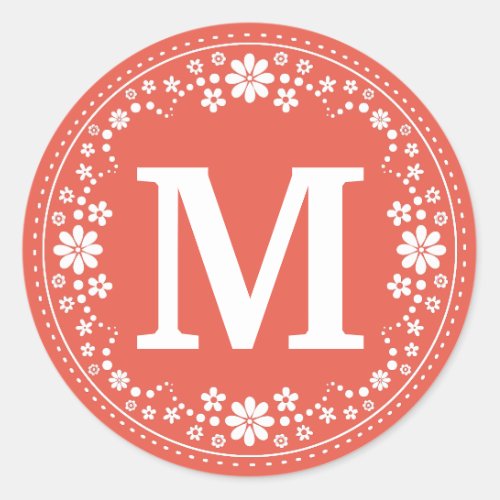 Coral White Floral Wreath Monogram Classic Round Sticker