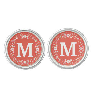 Coral White Floral Wreath Monogram Cufflinks