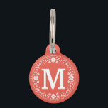 Coral White Floral Wreath Monogram Pet Name Tag<br><div class="desc">This beautiful pet tag is perfect for adding a touch of elegance to your pet's collar. It's done in a soft coral color with a white garland of flowers and dots in a stencil look. Add your pet's monogram letter to personalize. You can also customize the coral color to whatever...</div>