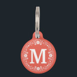 Coral White Floral Wreath Monogram Pet Name Tag<br><div class="desc">This beautiful pet tag is perfect for adding a touch of elegance to your pet's collar. It's done in a soft coral color with a white garland of flowers and dots in a stencil look. Add your pet's monogram letter to personalize. You can also customize the coral color to whatever...</div>