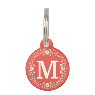 Coral White Floral Wreath Monogram Pet Name Tag
