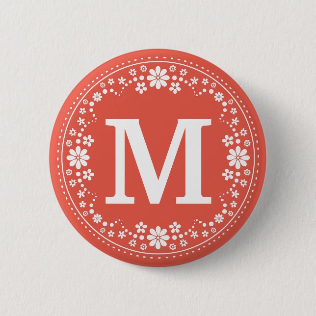 Coral White Floral Wreath Monogram Pinback Button (Front)