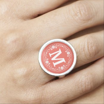 Coral White Floral Wreath Monogram Ring by FancyCelebration at Zazzle