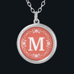Coral White Floral Wreath Monogram Silver Plated Necklace<br><div class="desc">This beautiful round necklace is perfect for adding a touch of elegance to your wardrobe. It's done in a soft coral color with a white garland of flowers and dots in a stencil look. Add your monogram letter to personalize. You can also customize the coral color to whatever you'd like!...</div>