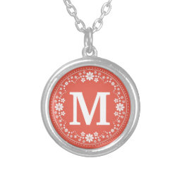 Coral White Floral Wreath Monogram Silver Plated Necklace