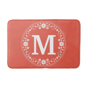 Coral White Floral Wreath Monogram Simple Pretty Bath Mat