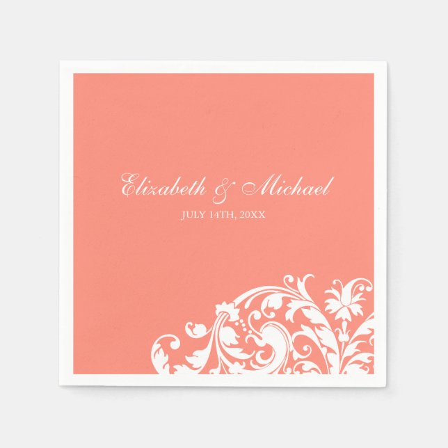 Coral White Flourish Swirl Personalized Wedding Paper Napkins (Front)