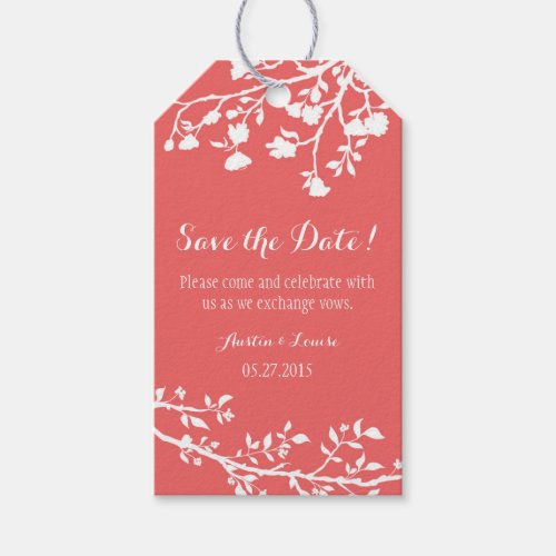 Coral White Flower Wedding Save The Date Tags