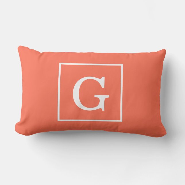 Coral White Framed Initial Monogram Lumbar Pillow (Front)