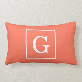 Coral White Framed Initial Monogram Lumbar Pillow by FantabulousPatterns at Zazzle