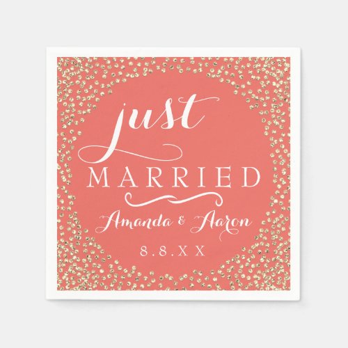 Coral White Gold Confetti Wedding Just Married Napkins