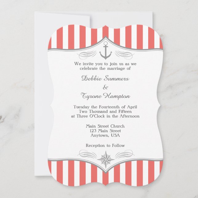 Coral White Gray Nautical Wedding Invitation (Front)