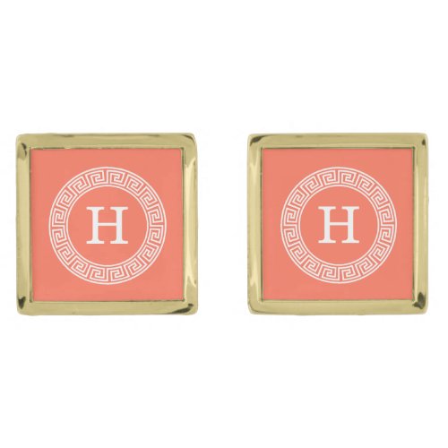 Coral White Greek Key Rnd Frame Initial Monogram Cufflinks