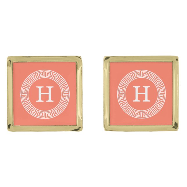 Coral White Greek Key Rnd Frame Initial Monogram Cufflinks (Front)