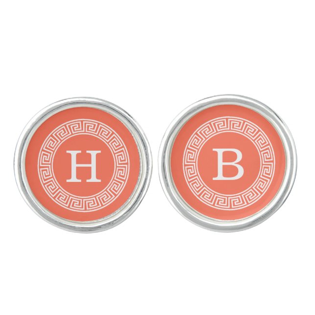Coral White Greek Key Rnd Frame Initial Monogram Cufflinks (Front)