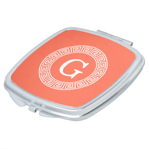 Coral White Greek Key Rnd Frame Initial Monogram Makeup Mirror