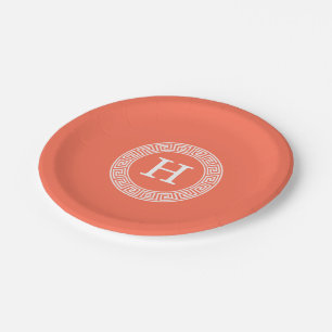 Coral White Greek Key Rnd Frame Initial Monogram Paper Plates