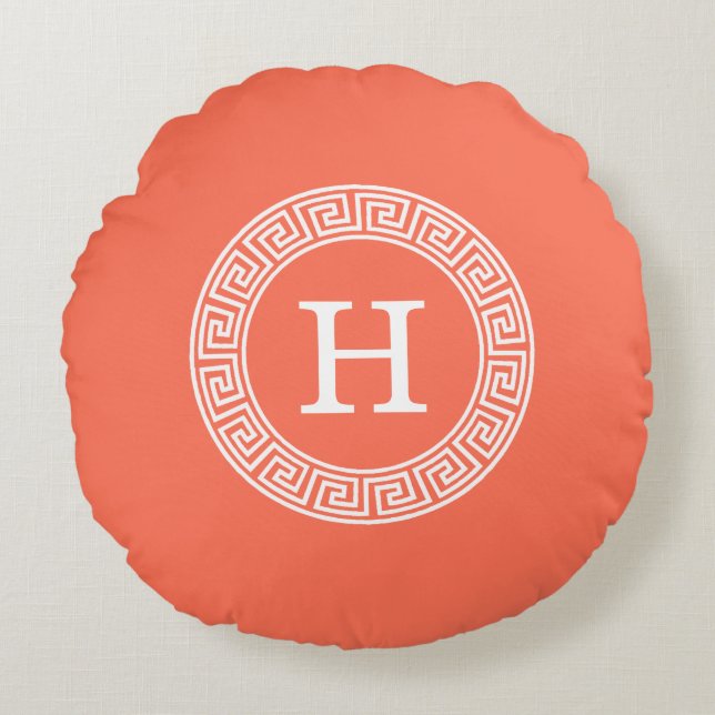 Coral White Greek Key Rnd Frame Initial Monogram Round Pillow (Front)