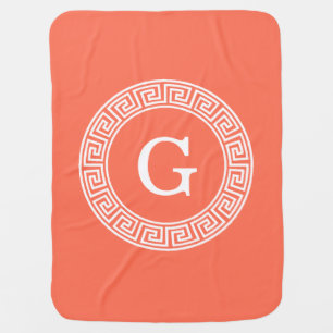 Coral White Greek Key Rnd Frame Initial Monogram Stroller Blanket