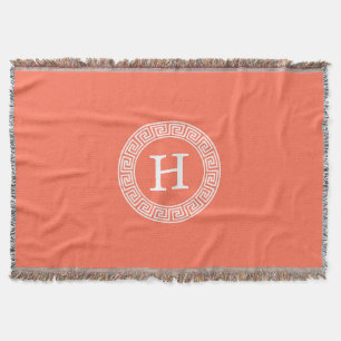 Coral White Greek Key Rnd Frame Initial Monogram Throw Blanket
