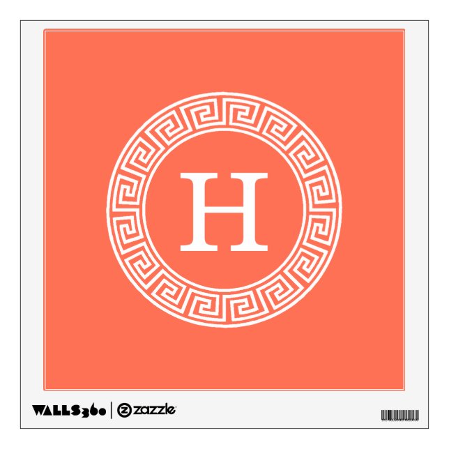 Coral White Greek Key Rnd Frame Initial Monogram Wall Sticker (Front)