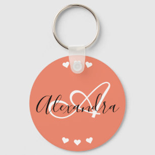 Coral White Hearts Script Monogram Teacher Keychain