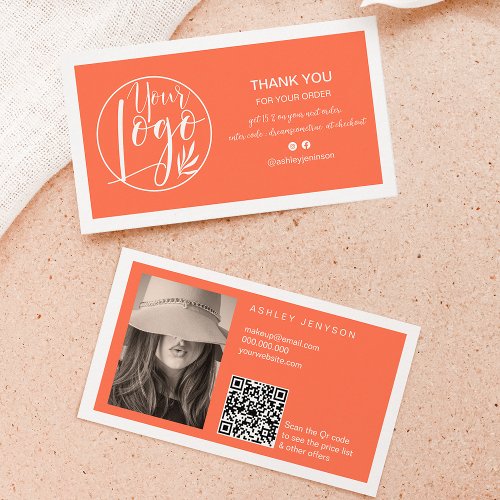 Coral white minimalist logo Qr order thank you Business Card