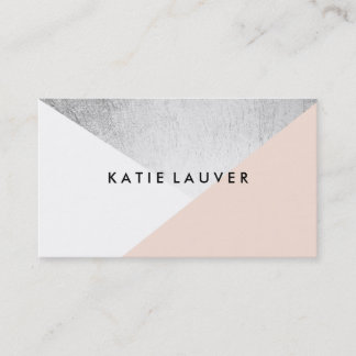 Coral white modern faux silver foil color block business card