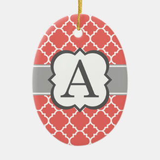 Coral White Monogram Letter A Quatrefoil Ceramic Ornament