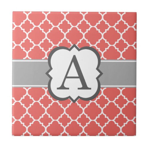 Coral White Monogram Letter A Quatrefoil Ceramic Tile