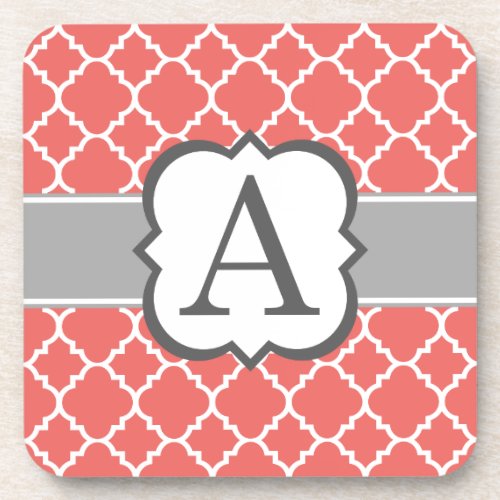 Coral White Monogram Letter A Quatrefoil Drink Coaster