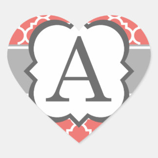 Coral White Monogram Letter A Quatrefoil Heart Sticker