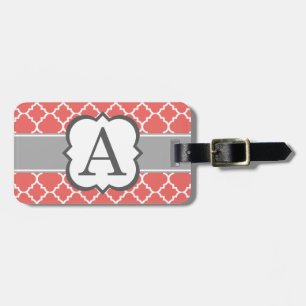 Coral White Monogram Letter A Quatrefoil Luggage Tag