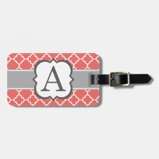Coral White Monogram Letter A Quatrefoil Luggage Tag