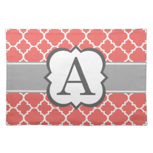 Coral White Monogram Letter A Quatrefoil Placemat